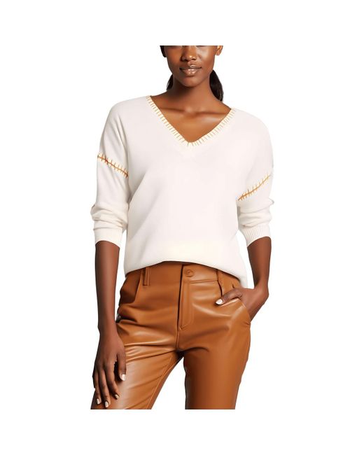 Vince Camuto White Contrast Trim Knit V-Neck Sweater