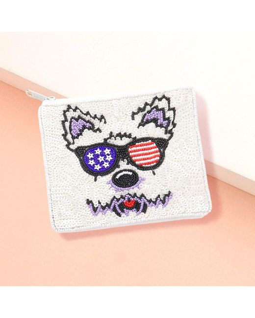 Fashnzfab Blue Sequin Beaded American Usa Puppy Face Pointed Seed Beaded Mini Pouch Bag