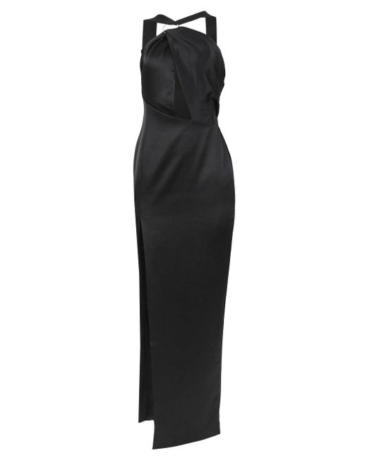 Rasario Black Draped Satin Asymmetric Cut-Out Gown With Ring