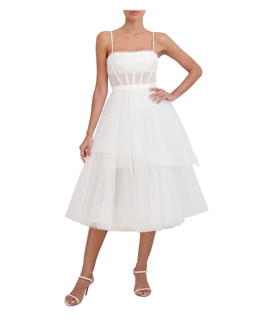 BCBGMAXAZRIA White Tulle Prom Midi Dress