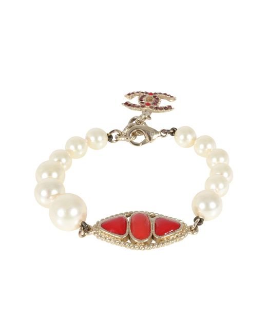 Chanel White Faux Pearl & Gripoix Cc Bracelet