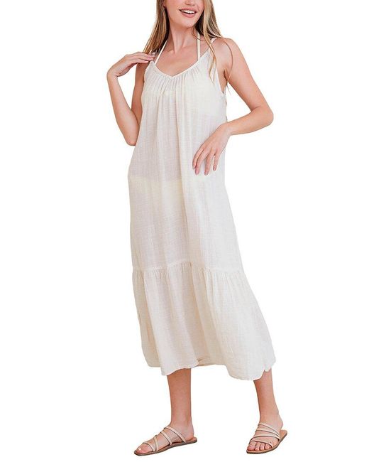 Bella Dahl White Cami Shirred Beach Linen-Blend Dress