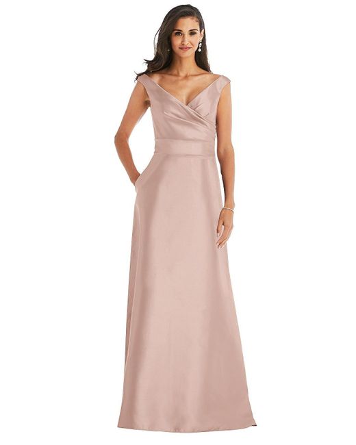 Alfred Sung Pink Off-the-shoulder Draped Wrap Satin Maxi Dress