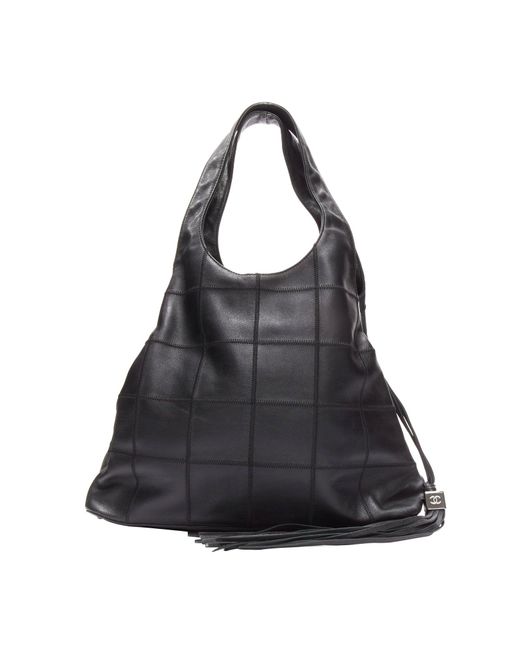 Chanel Black Ruthenium Cc Logo Square Stitched Tassel Shoulder Hobo Bag