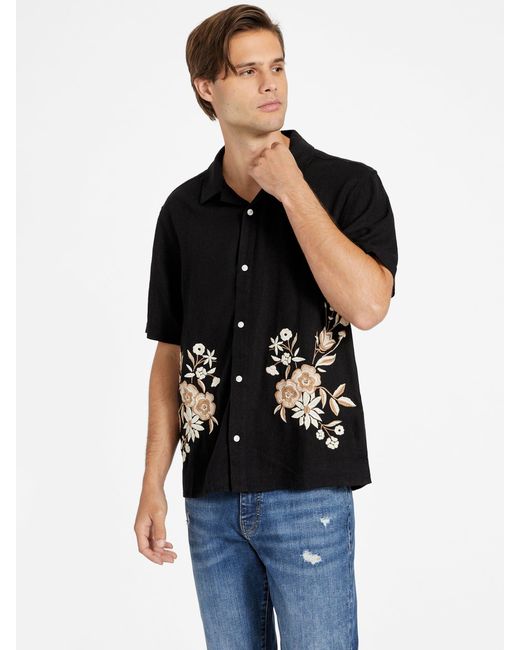 Guess Factory Black Eco Gaudi Embroidered Linen Shirt for men