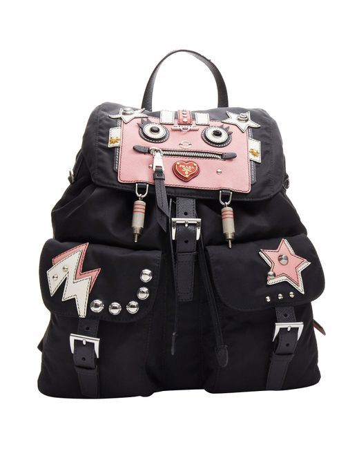 Prada Black Tessuto Robot Pink Saffiano Leather Patchwork Studded Nylon Backpack