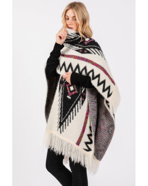 TRUEDAMES Black Fuzzy Aztec Pattern Tassel Knit Ruana