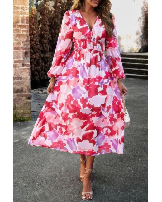 TRUEDAMES Pink Boho V Neck A Line High Waist Long Sleeve Dress