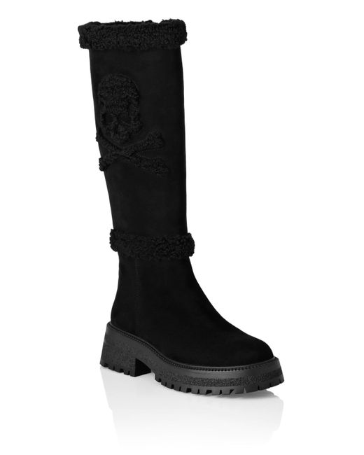 Philipp Plein Black Mid Flat Boots Skull & Bones