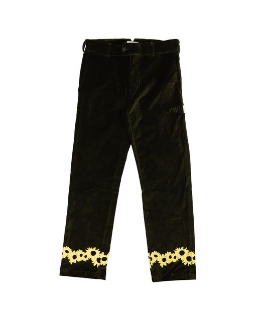SAINTWOODS Black Moss Green Cotton Flower Design Casual Pants for men