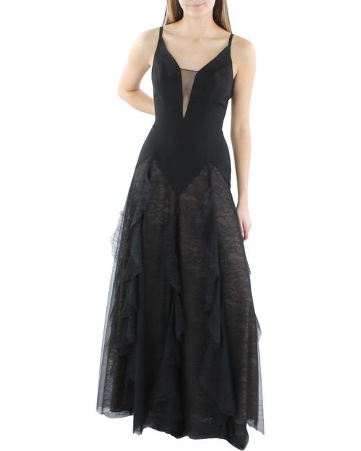 BCBGMAXAZRIA Black Lace Trim Ruffled Evening Dress