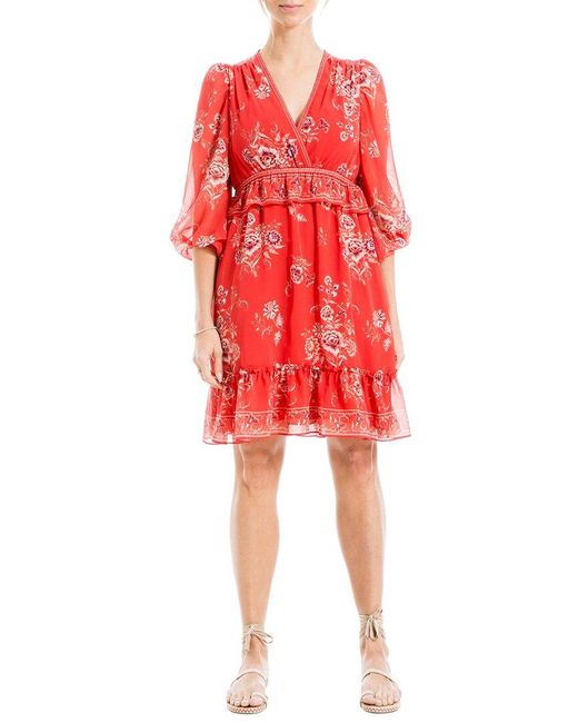 Max Studio Red Floral Balloon Sleeve A-line Dress