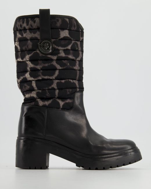 Moncler Black Leopard Print Leather And Padded Nylon Ski Boots