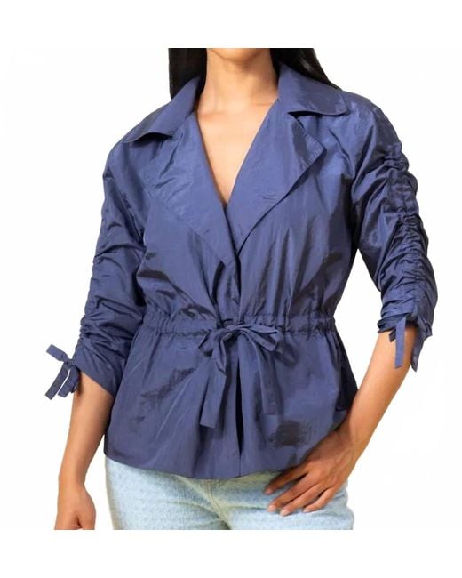 Elena Wang Blue Ruched Sleeves Drawstring Jacket