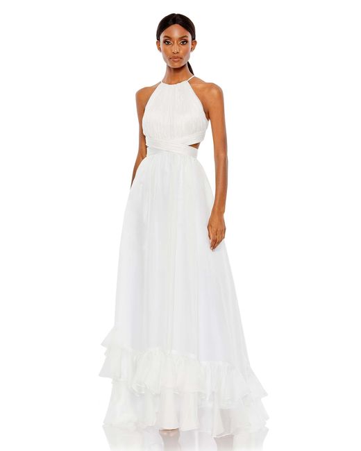 Mac Duggal White 49530 Halter Neck Side Cut-out Long Dress