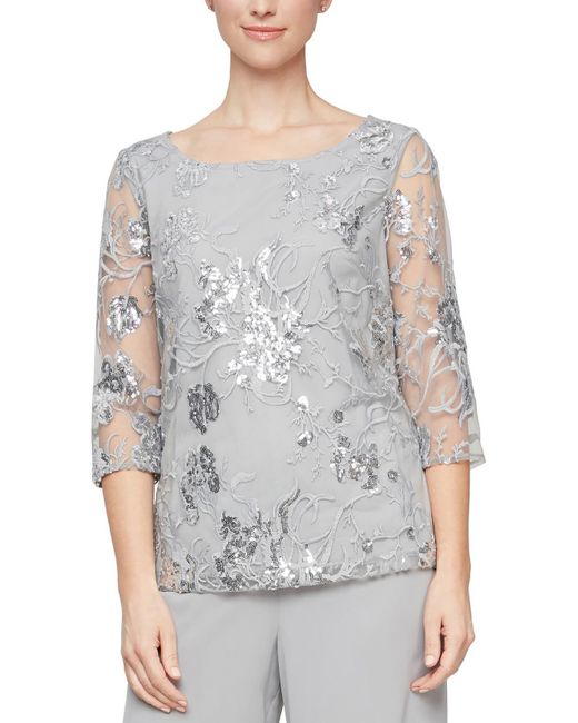 Alex Evenings Gray Petites Sequins Mesh Overlay Pullover Top