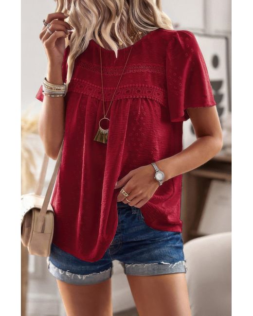 TRUEDAMES Red Plus Dot Cut Out Lace Trim Loose Fit Top