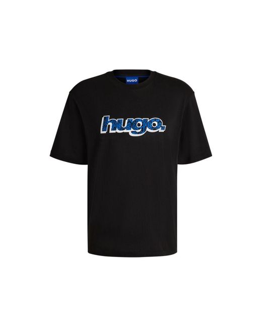 HUGO Black Cotton T-Shirt With Graphic Logo Print for men