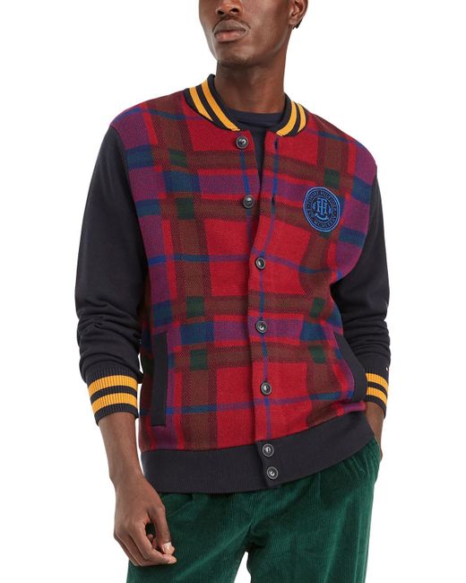 Tommy Hilfiger Bowman Knit Plaid Cardigan Sweater in Red for Men