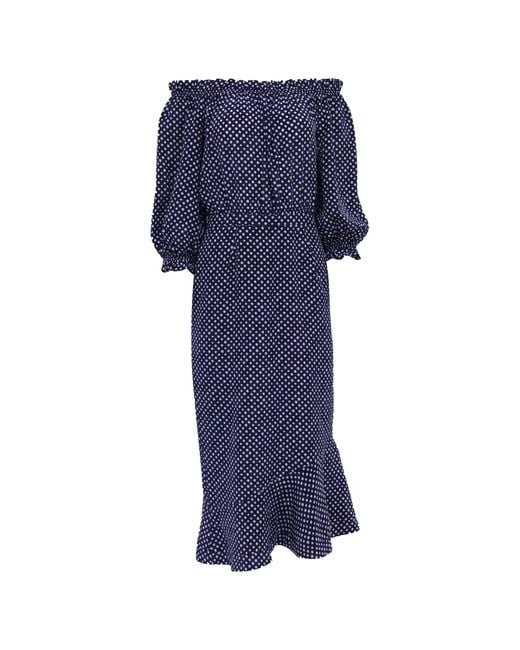 Saloni Blue Polka Dot Off-Shoulder Midi Dress