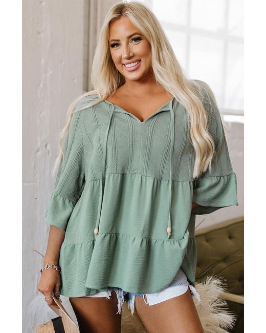 TRUEDAMES Green Laurel Tie Split Neck Textu Ruffle Patchwork Blouse