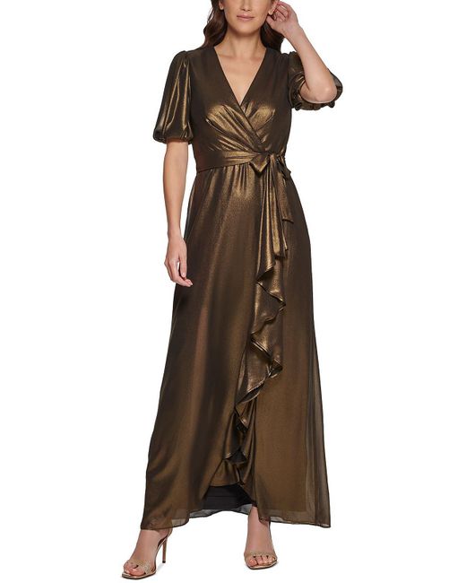 DKNY Brown Foil Chiffon Ruffle Skirt V-neck Dress