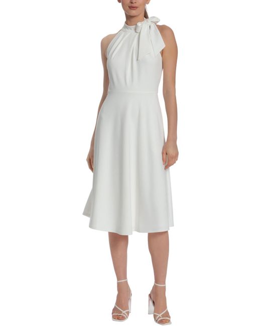 Maggy London White Pleated Polyester Midi Dress