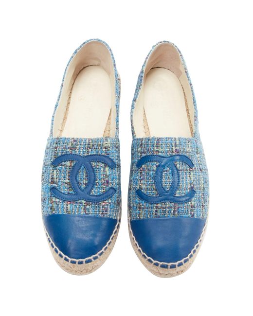 Chanel Blue Tweed Cc Logo Leather Toe Cap Espadrille Shoes