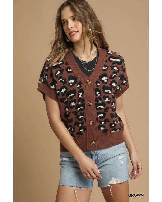 TRUEDAMES Brown Leopard Button Down Short Sleeve Cardigan