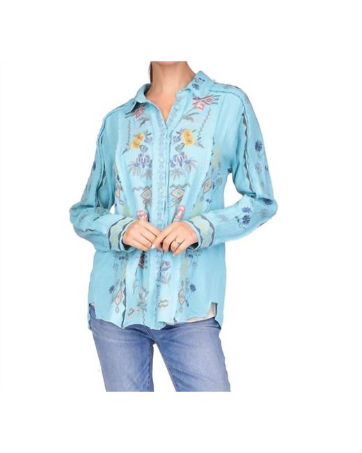 Johnny Was Blue Leyla Embroidered Top