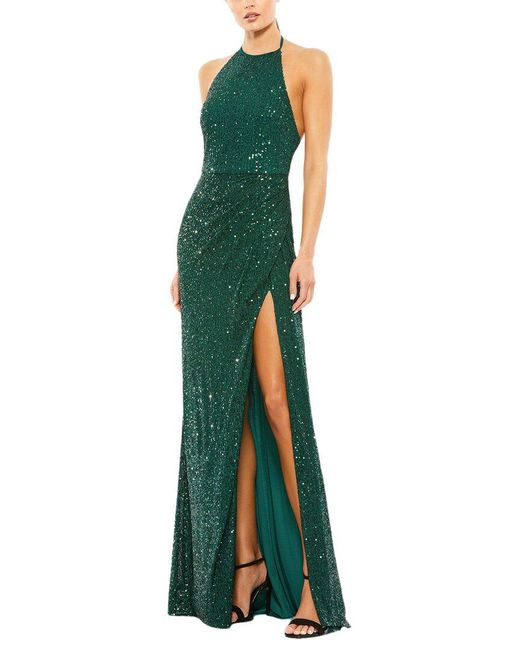 Mac Duggal Green Sequin Open Back Halter Neck Gown