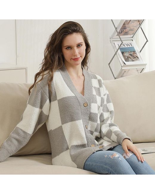 TRUEDAMES Gray Multi Checkered Pattern Button-Up Cardigan
