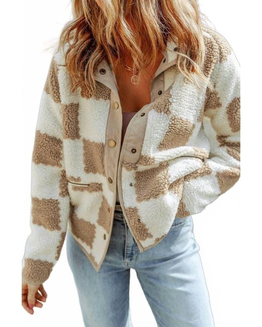 Lovesoft Natural Checked Snap Button Sherpa Jacket