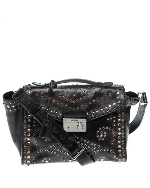 Prada Black Dark Vitello Vintage Leather Eyelet Crystal Embellished Top Handle Bag