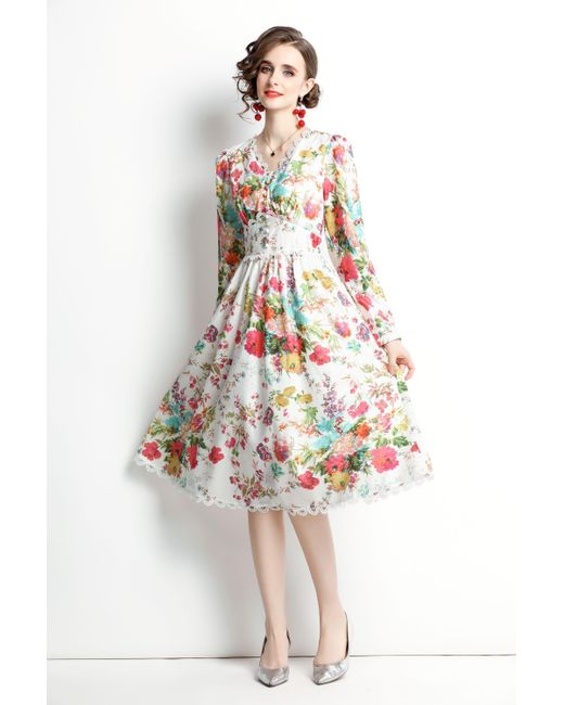 Kaimilan Day Aline Vneck Long Sleeve Below Knee Printed Dress in