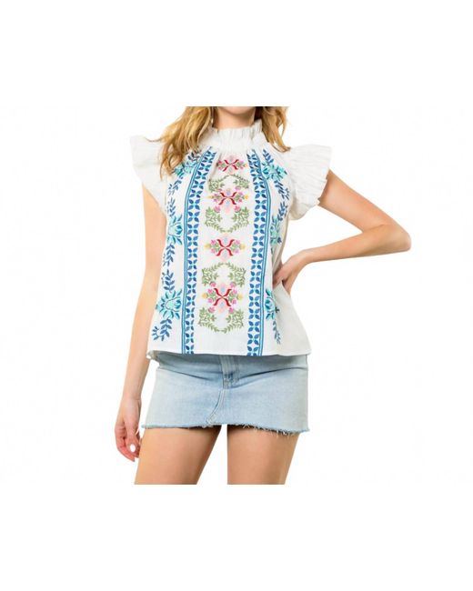 Thml Blue Flutter Sleeve Embroidered Top