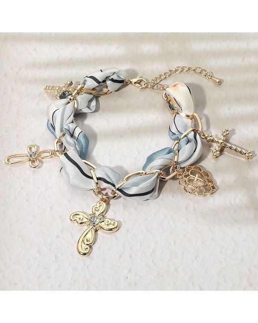 Fashnzfab Metallic Cross Heart Charm Embellished Scarf Fabric Chain Bracelet