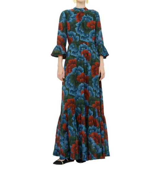 Oliphant Women's Blue High Neck Bell Sleeve Maxi Dress - benaras.co Oliphant Women's Blue High Neck Bell Sleeve Maxi Dress - benaras.co