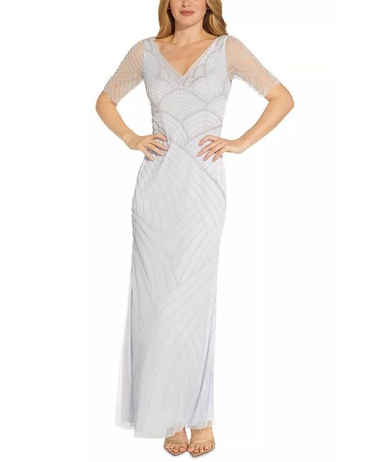 adrianna papell short sleeve beaded dress Adrianna Papell Beaded V-Neck Gown, Gunmetal Size (0) main image 1