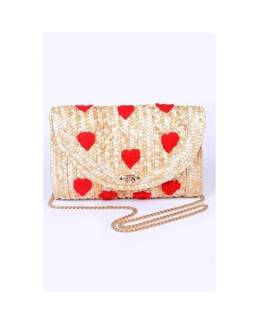 Fashnzfab White Heart Pattern Straw Convertible Clutch Bag