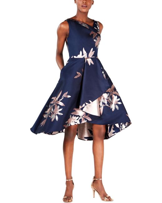 Adrianna Papell Blue Floral Print Ruffled Cocktail Dress