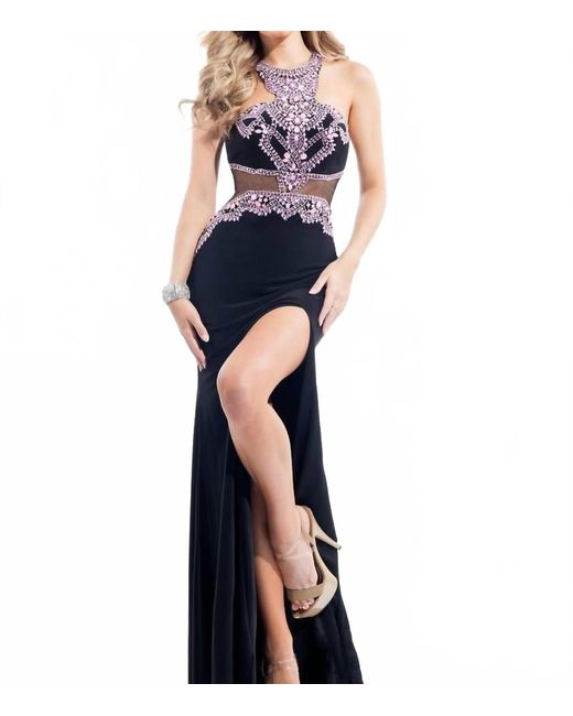 Rachel Allan Blue Beaded Jersey Prom Gown With High Slit