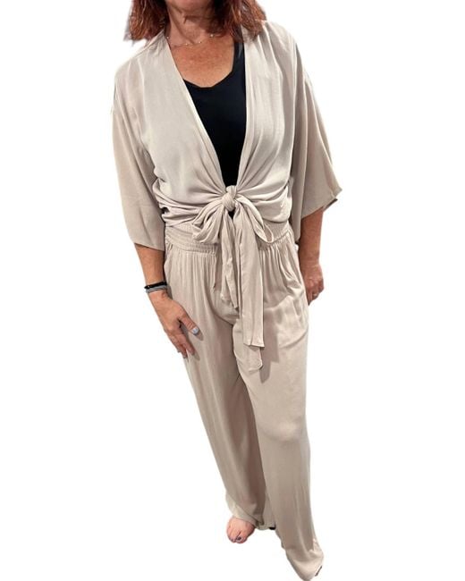 Miou Muse Natural Rayon Tie Front Top With Smocked Waist Wide Leg Pants Set