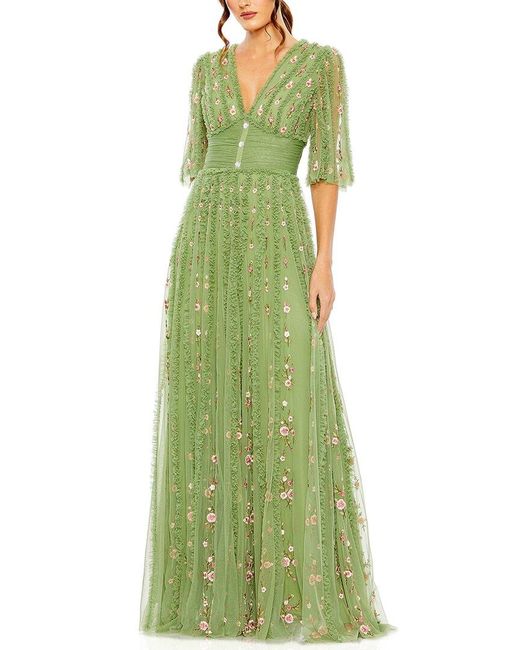 Mac Duggal Green Floral Ruffle Detail Long V-neck Gown