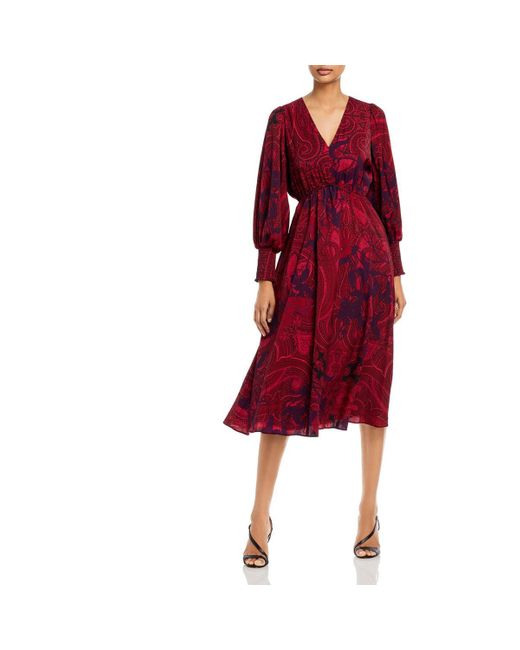 Kobi Halperin Red Cher Maureen Printed Long Sleeves Midi Dress