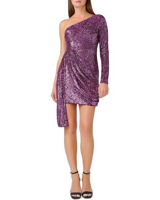 Aidan By Aidan Mattox Purple One Shoulder Sequined Cocktail And Party Dress