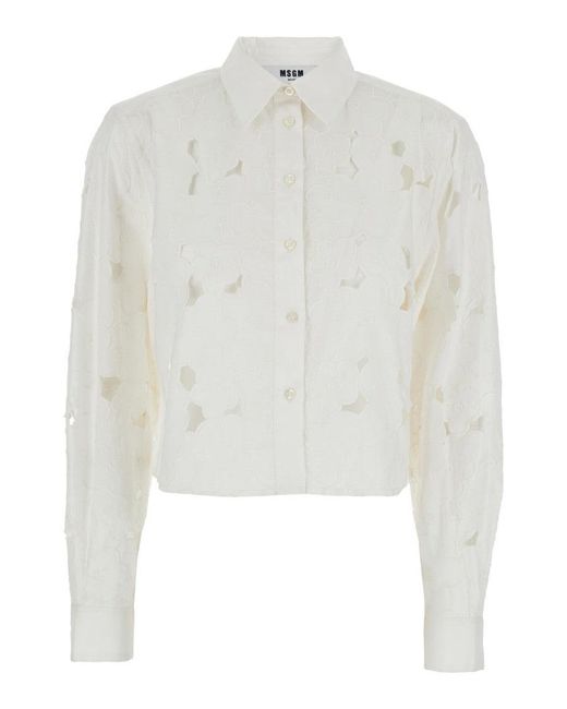 MSGM White Cropped Shirt With Floral Cut-Out Patterns