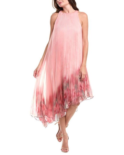 Badgley Mischka Pink Asymmetrical Pleated Midi Dress