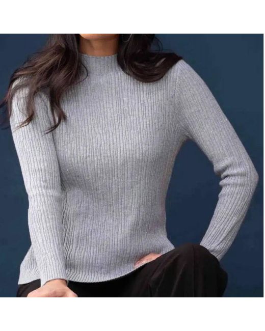 Elena Wang Gray Ribbed Mock Turtleneck Sweater With Sparkle