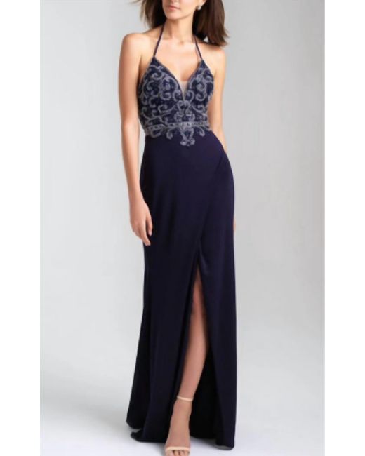 Madison James Blue Beaded Halter Gown